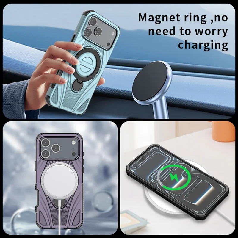 For iPhone 17 Pro Max Magnetic Case Rotating Kickstand TPU PC Shockproof Phone Back Cover  - Black