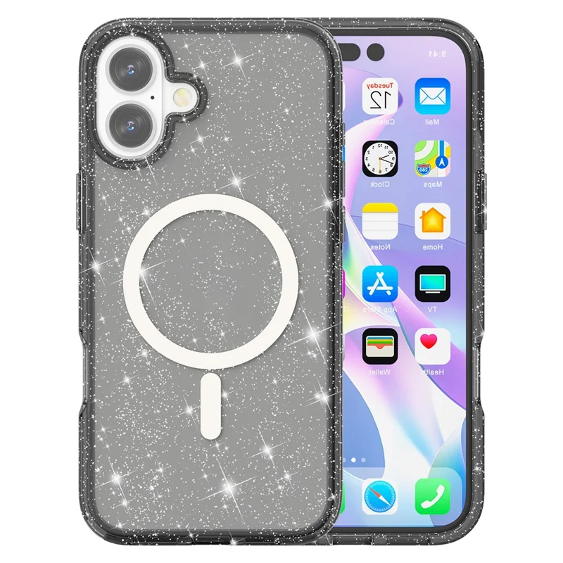 Amorus iPhone 17 Hülle kompatibel mit MagSafe Funkelnder Puder PC + TPU Handy-Schutzhülle - Schwarz