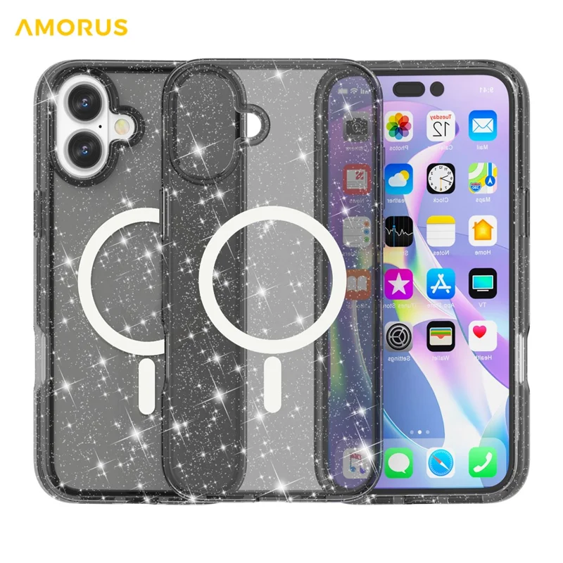Amorus iPhone 17 Hülle kompatibel mit MagSafe Funkelnder Puder PC + TPU Handy-Schutzhülle - Schwarz