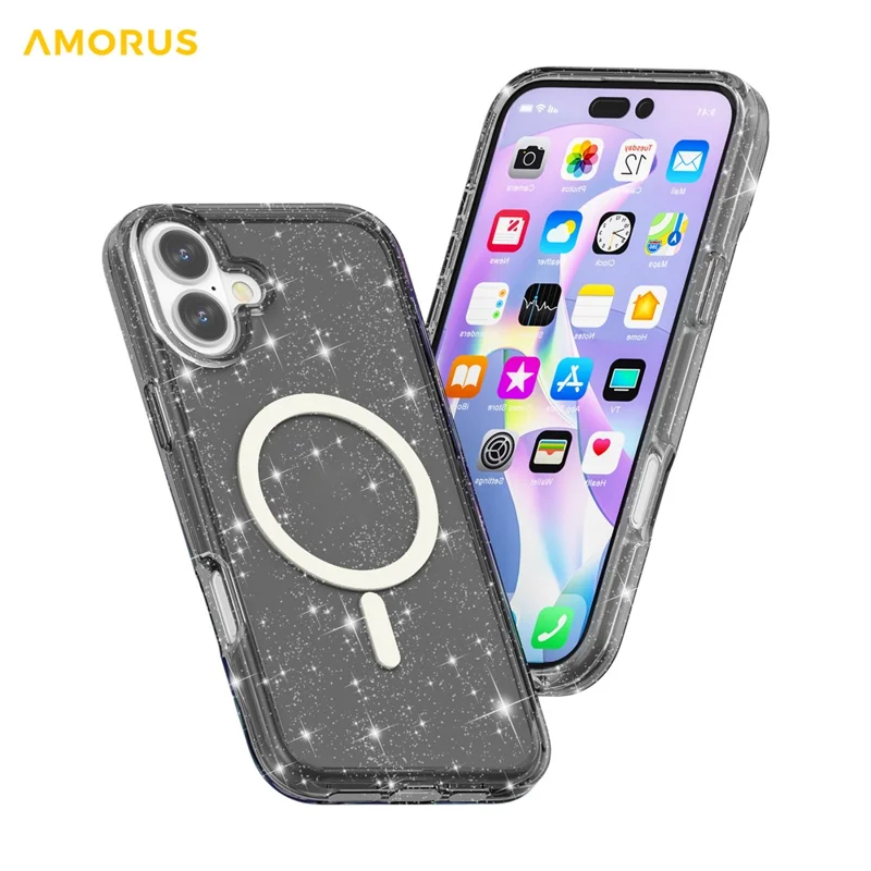 Amorus iPhone 17 Hülle kompatibel mit MagSafe Funkelnder Puder PC + TPU Handy-Schutzhülle - Schwarz