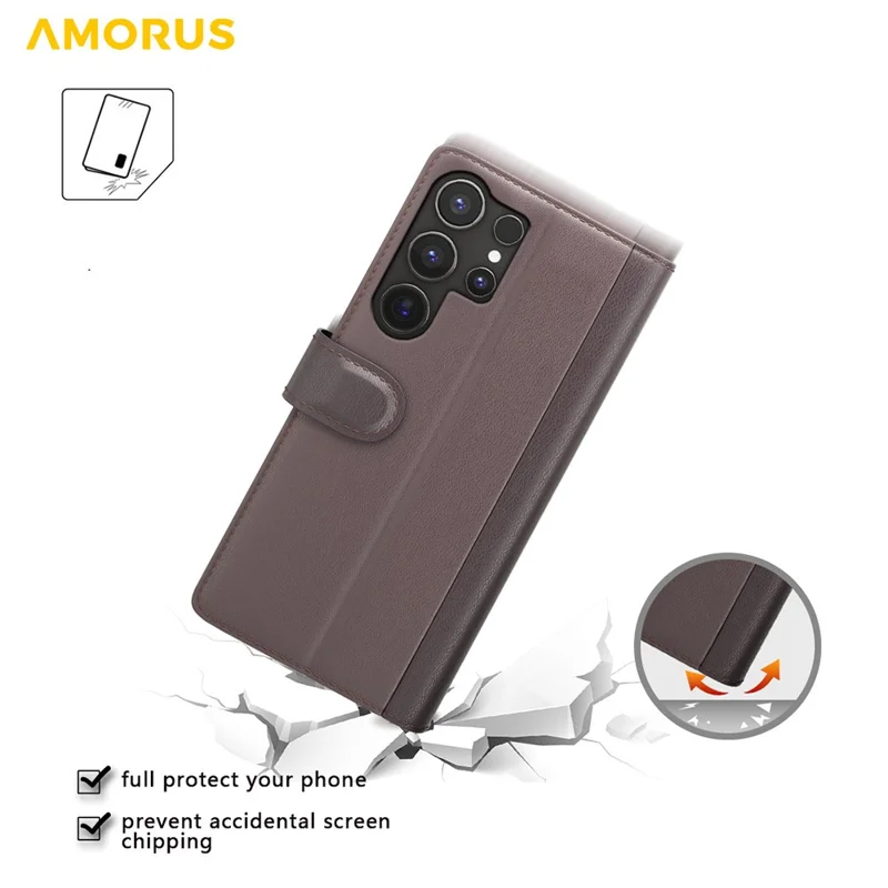 AMORUS For Samsung Galaxy S25 Ultra Stand Cases Calf Texture Genuine Split Leather Wallet Phone Cover - Brown