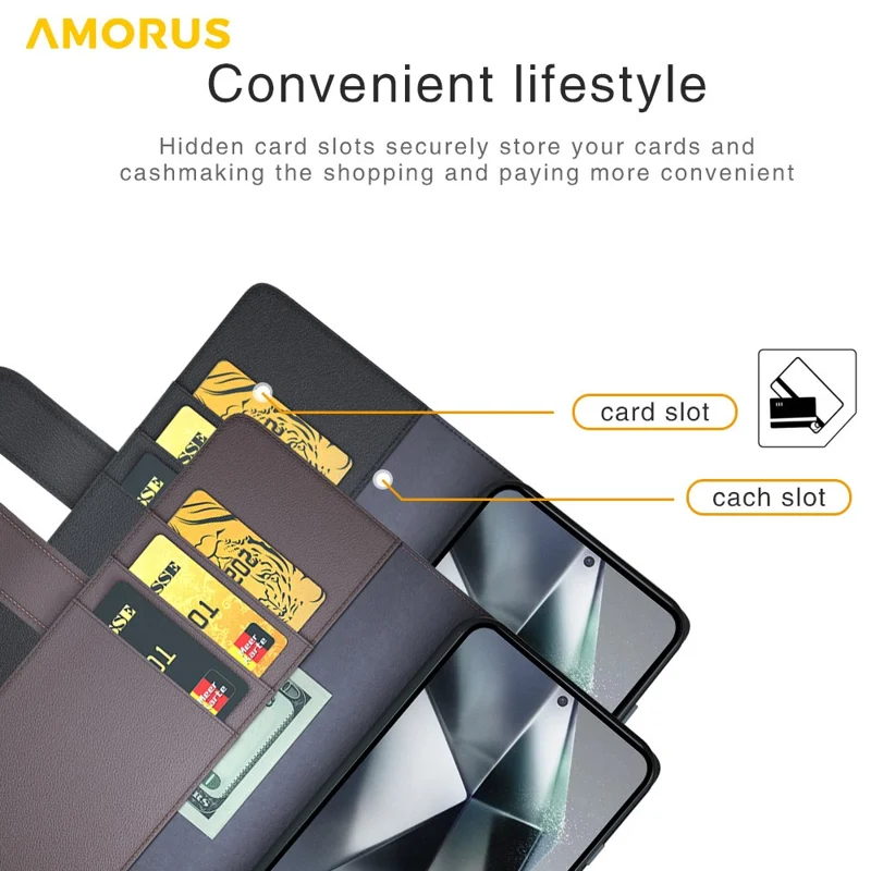 AMORUS For Samsung Galaxy S25 Ultra Stand Cases Calf Texture Genuine Split Leather Wallet Phone Cover - Brown