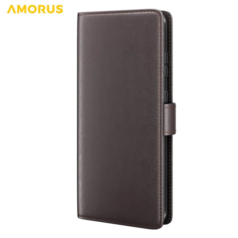 AMORUS For Samsung Galaxy S25 Ultra Stand Cases Calf Texture Genuine Split Leather Wallet Phone Cover - Brown