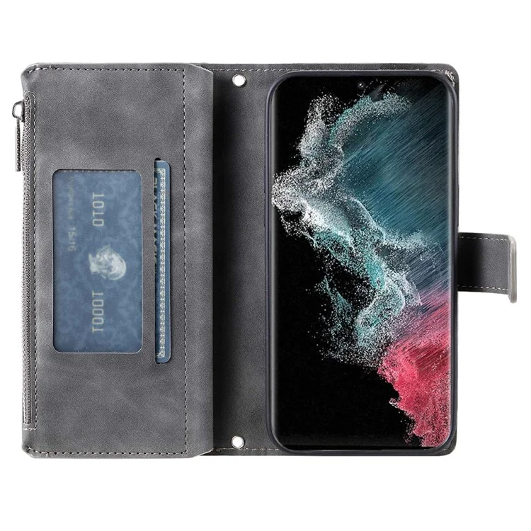 Para Samsung Galaxy S22 Ultra 5G Case de Teléfono de Bolsillo Con Cremallera, Billetera de la Cubierta de Cuero PU Impresa Por Mandala - Gris