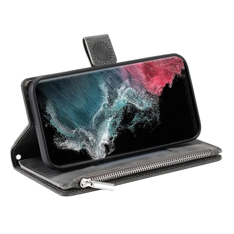 Para Samsung Galaxy S22 Ultra 5G Case de Teléfono de Bolsillo Con Cremallera, Billetera de la Cubierta de Cuero PU Impresa Por Mandala - Gris