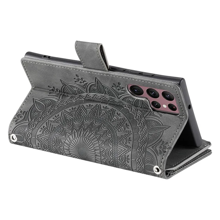 Para Samsung Galaxy S22 Ultra 5G Case de Teléfono de Bolsillo Con Cremallera, Billetera de la Cubierta de Cuero PU Impresa Por Mandala - Gris
