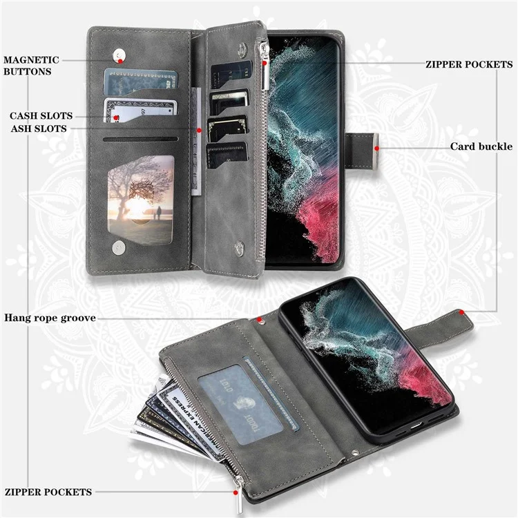 Para Samsung Galaxy S22 Ultra 5G Case de Teléfono de Bolsillo Con Cremallera, Billetera de la Cubierta de Cuero PU Impresa Por Mandala - Gris