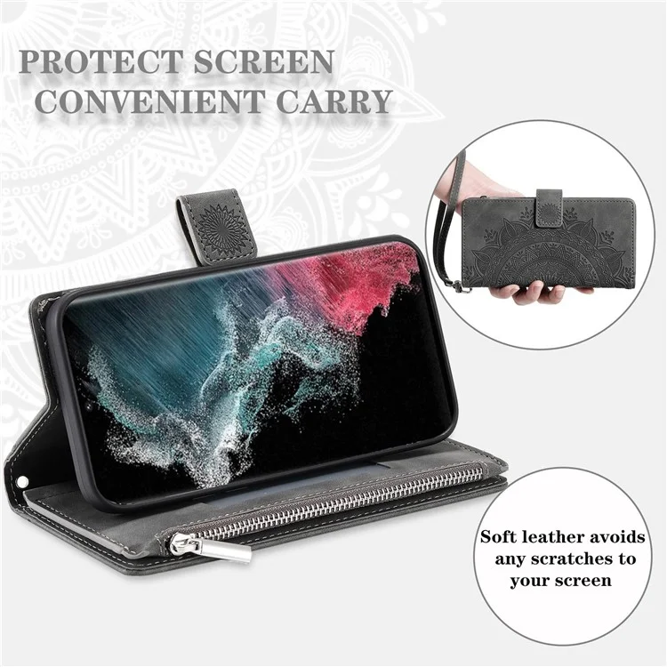 Para Samsung Galaxy S22 Ultra 5G Case de Teléfono de Bolsillo Con Cremallera, Billetera de la Cubierta de Cuero PU Impresa Por Mandala - Gris