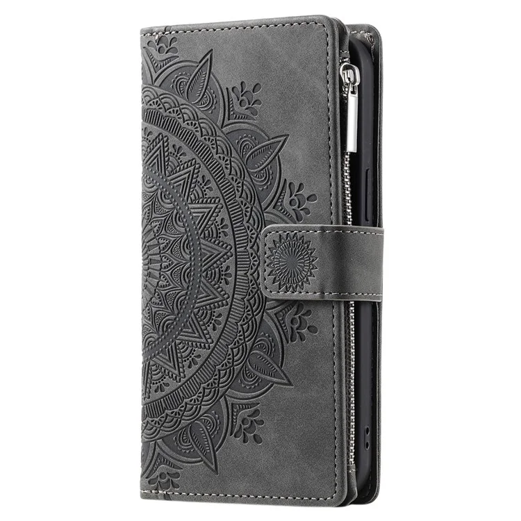 Para Samsung Galaxy S22 Ultra 5G Case de Teléfono de Bolsillo Con Cremallera, Billetera de la Cubierta de Cuero PU Impresa Por Mandala - Gris