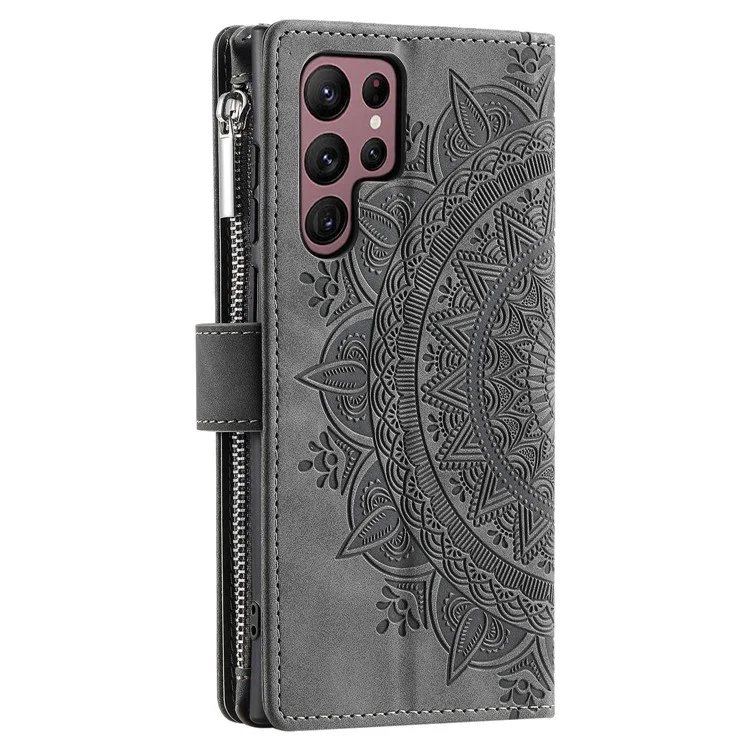 Para Samsung Galaxy S22 Ultra 5G Case de Teléfono de Bolsillo Con Cremallera, Billetera de la Cubierta de Cuero PU Impresa Por Mandala - Gris