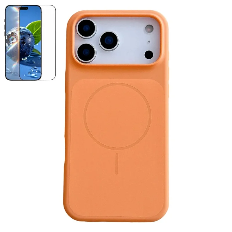 Coque magnétique pour iPhone 17 Pro, conception carrée en silicone liquide, housse anti-choc avec verre trempé compatible MagSafe - Orange