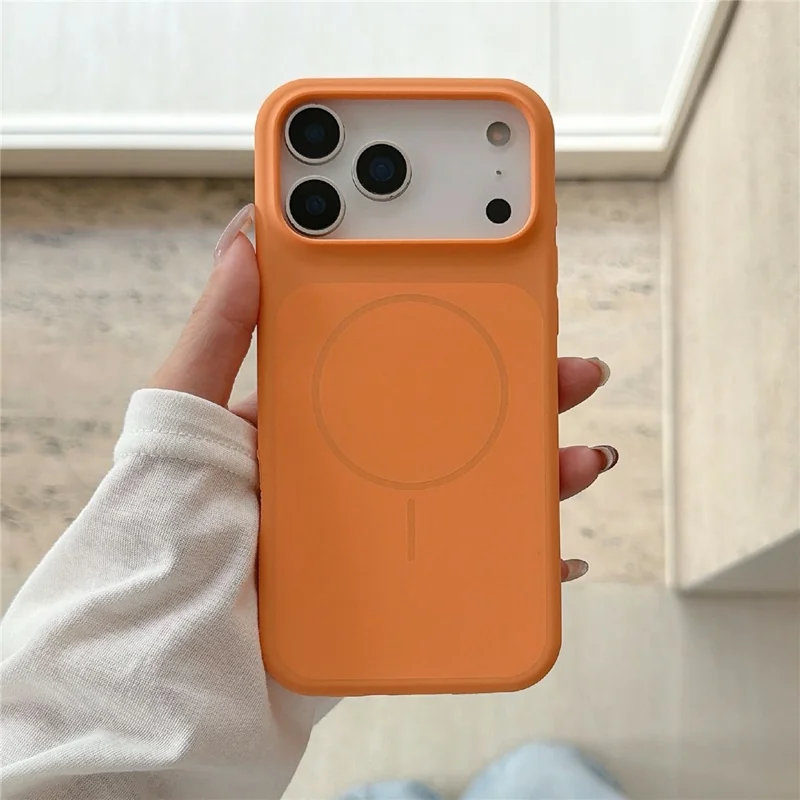 Coque magnétique pour iPhone 17 Pro, conception carrée en silicone liquide, housse anti-choc avec verre trempé compatible MagSafe - Orange