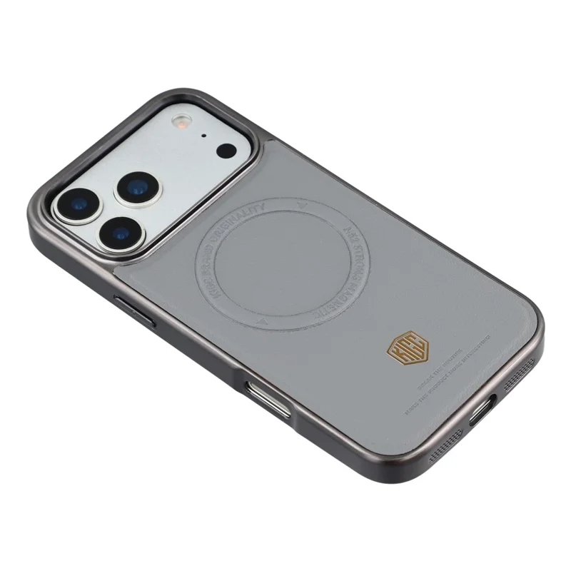 KIGC Capa para iPhone 17 Pro Max Compatível com MagSafe Capa para Telemóvel com Revestimento PC + TPU + PU com Galvanoplastia - Cinzento
