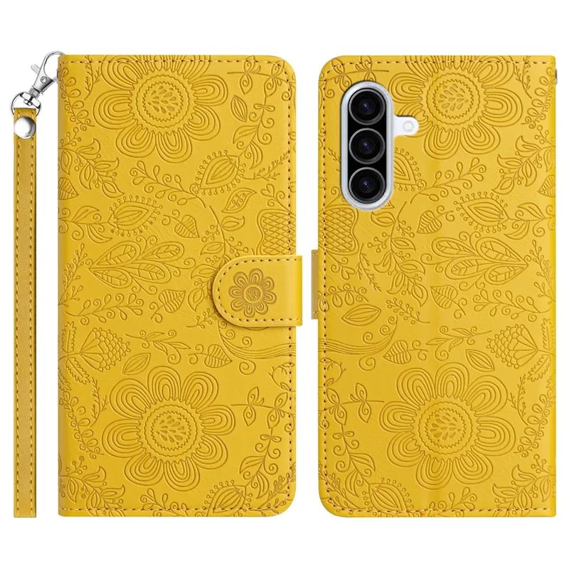 Voor Samsung Galaxy A37 Hoesje Bloemenafdruk Lederen Flip Portemonnee Telefoonhoes met Polsbandje - Geel