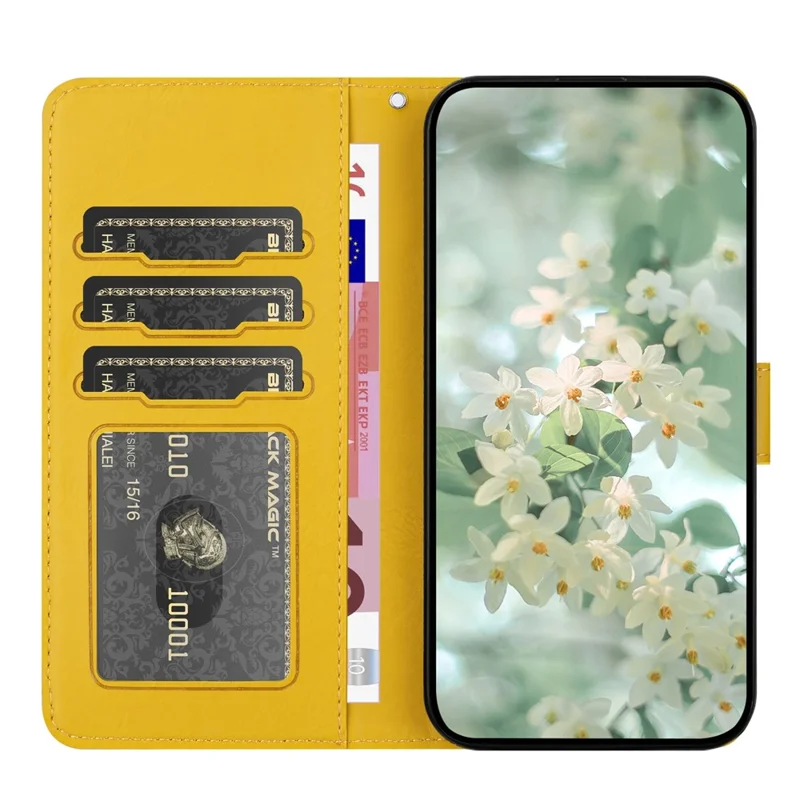 Voor Samsung Galaxy A37 Hoesje Bloemenafdruk Lederen Flip Portemonnee Telefoonhoes met Polsbandje - Geel