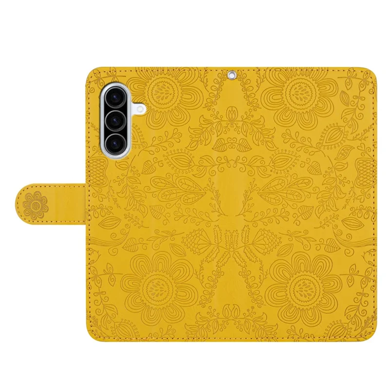 Voor Samsung Galaxy A37 Hoesje Bloemenafdruk Lederen Flip Portemonnee Telefoonhoes met Polsbandje - Geel