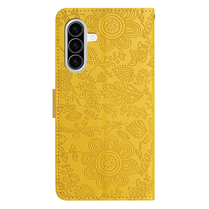 Voor Samsung Galaxy A37 Hoesje Bloemenafdruk Lederen Flip Portemonnee Telefoonhoes met Polsbandje - Geel