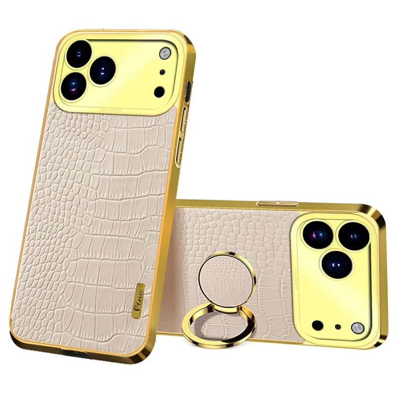 For iPhone 17 Pro Max Case TPU + PU Kickstand Phone Cover Crocodile Texture Electroplating - White