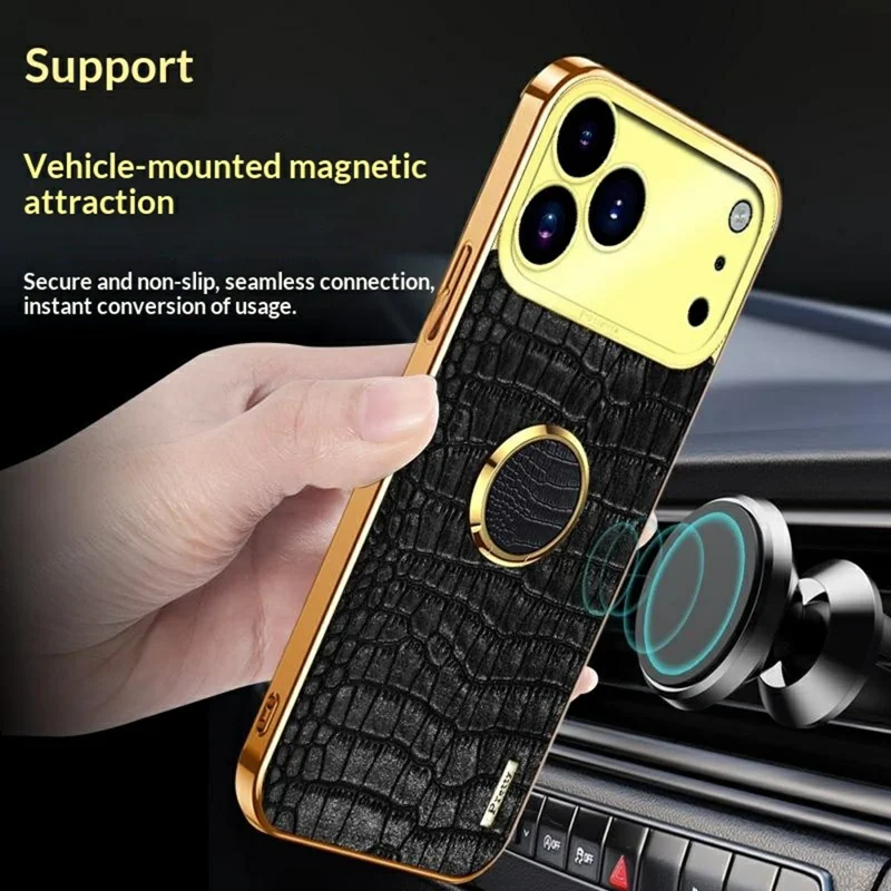 For iPhone 17 Pro Max Case TPU + PU Kickstand Phone Cover Crocodile Texture Electroplating - White