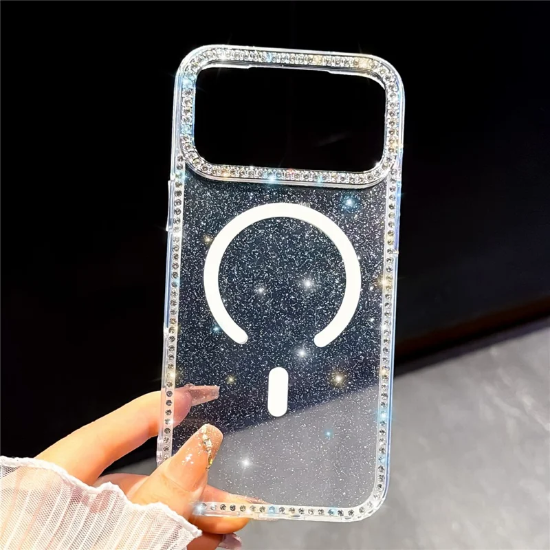 Coque de téléphone transparente pailletée pour iPhone 17 Pro Max, compatible MagSafe, bord en strass, dos pailleté, TPU + PC, IMD