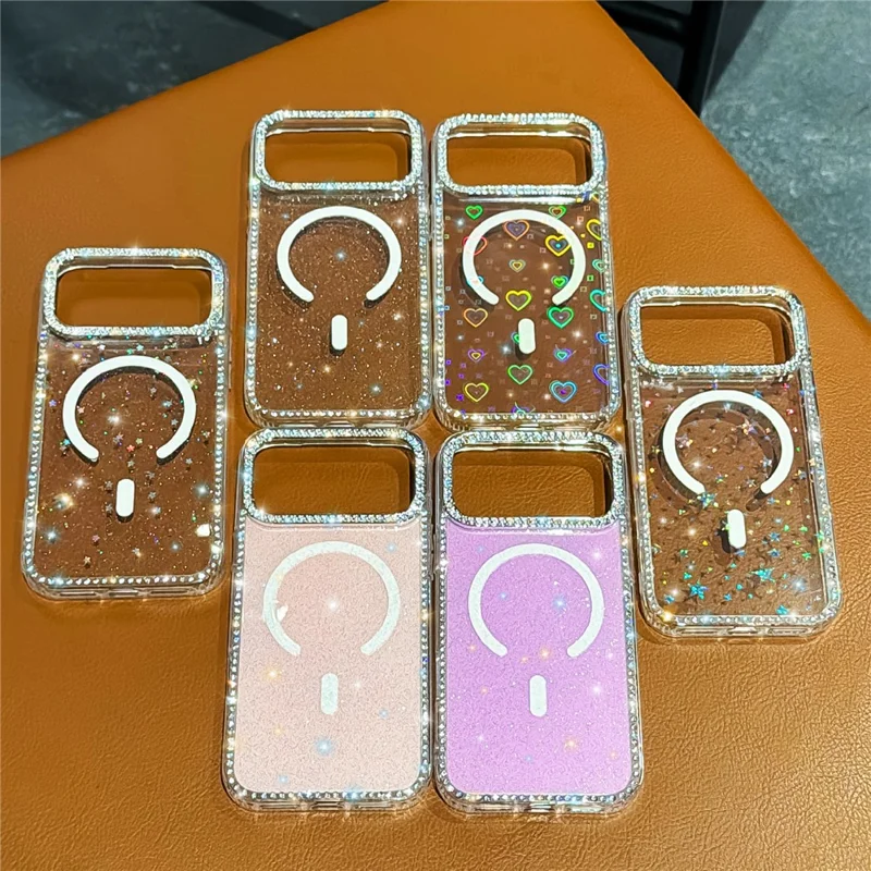 Coque de téléphone transparente pailletée pour iPhone 17 Pro Max, compatible MagSafe, bord en strass, dos pailleté, TPU + PC, IMD
