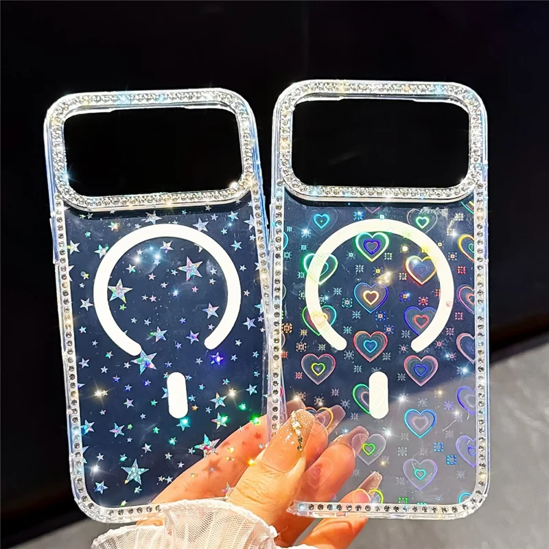 Coque transparente pailletée pour iPhone 17 Pro, compatible MagSafe, bord sertis de strass, combinant TPU et PC, procédé IMD