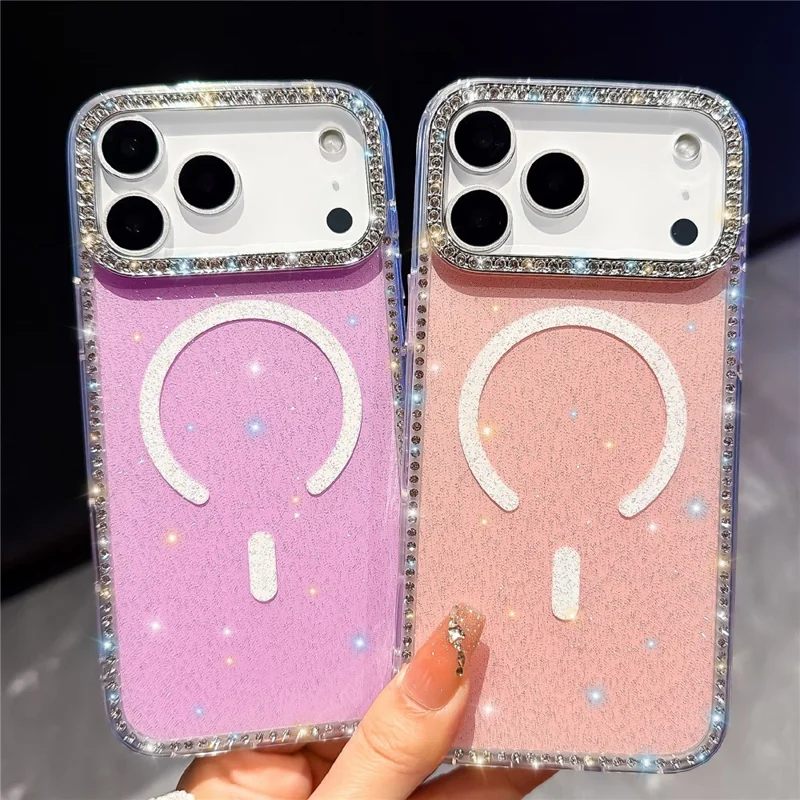 Coque transparente pailletée pour iPhone 17 Pro, compatible MagSafe, bord sertis de strass, combinant TPU et PC, procédé IMD