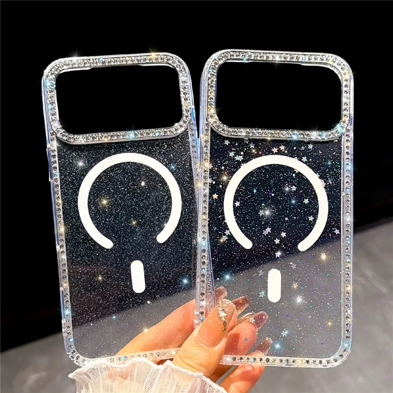 Coque transparente pailletée pour iPhone 17 Pro, compatible MagSafe, bord sertis de strass, combinant TPU et PC, procédé IMD