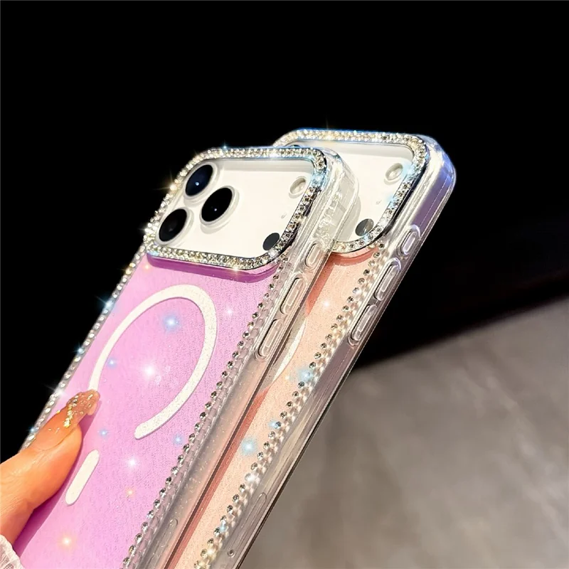 Coque transparente pailletée pour iPhone 17 Pro, compatible MagSafe, bord sertis de strass, combinant TPU et PC, procédé IMD