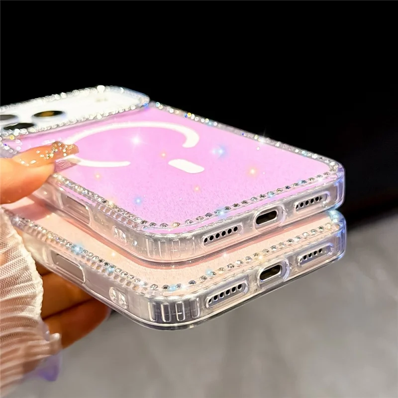 Coque transparente pailletée pour iPhone 17 Pro, compatible MagSafe, bord sertis de strass, combinant TPU et PC, procédé IMD