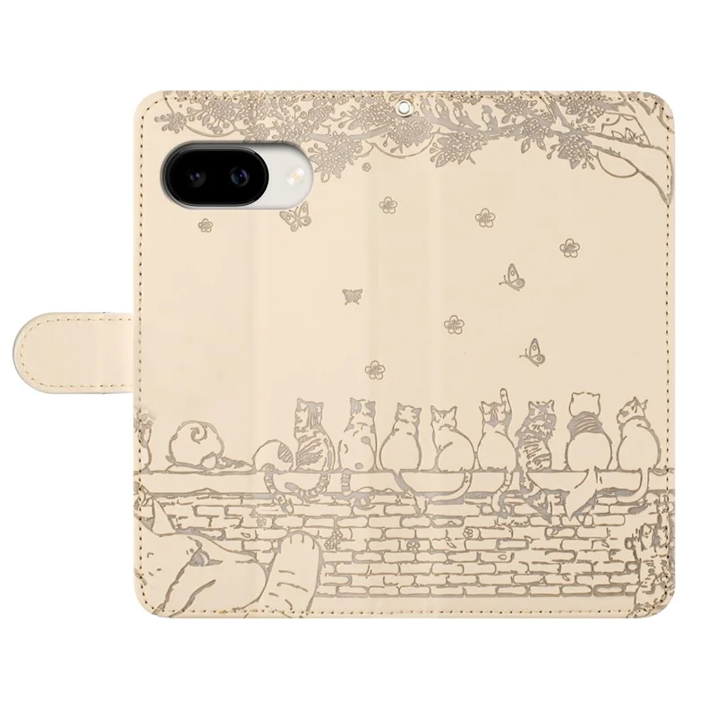 For Google Pixel 10a Case with Wrist Strap Leather Phone Cover Wall Cats Pattern - Apricot