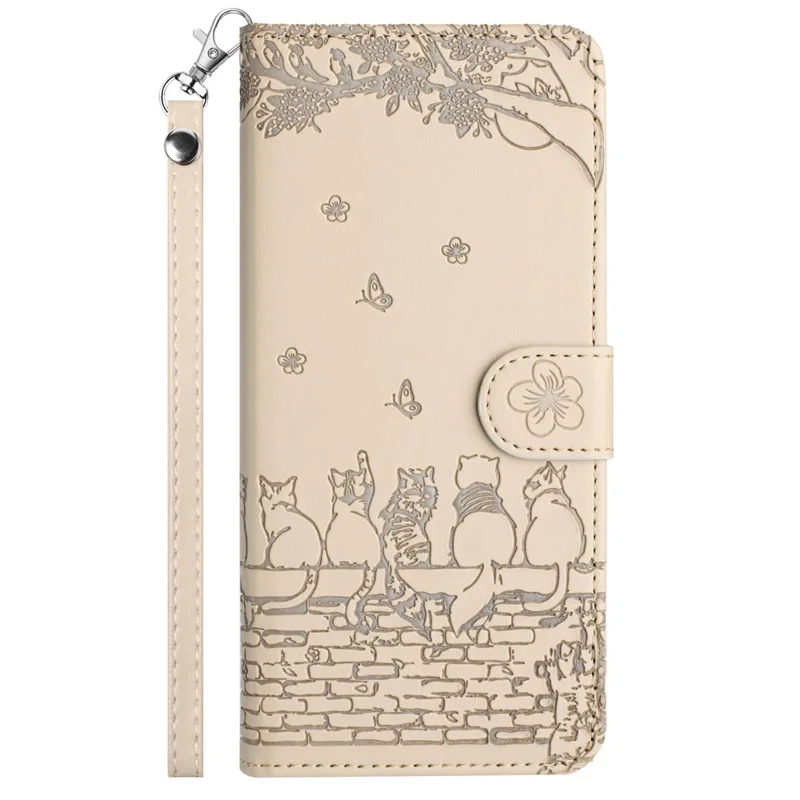 For Google Pixel 10a Case with Wrist Strap Leather Phone Cover Wall Cats Pattern - Apricot