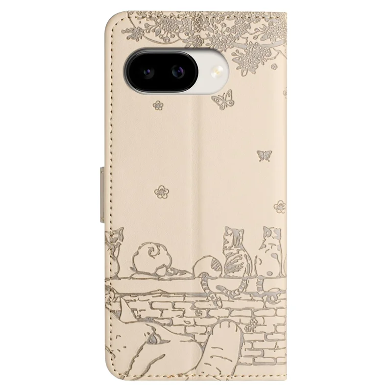 For Google Pixel 10a Case with Wrist Strap Leather Phone Cover Wall Cats Pattern - Apricot