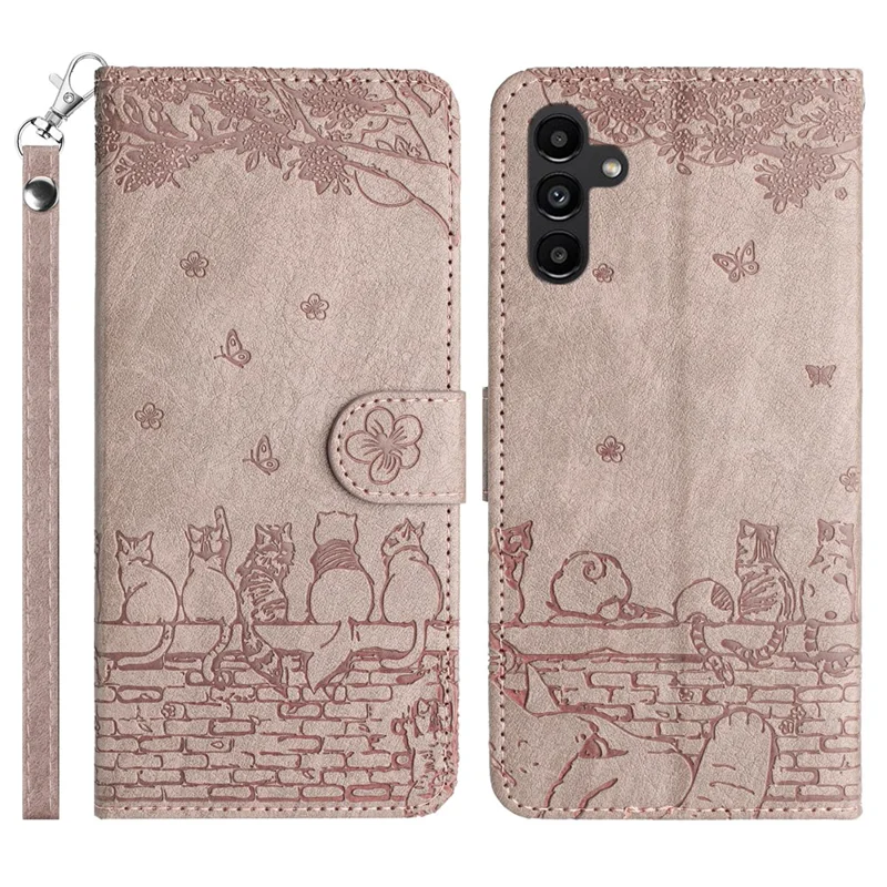 For Samsung Galaxy S26 Case with Wrist Strap Leather Phone Cover Wall Cats Pattern - Smoky Purple