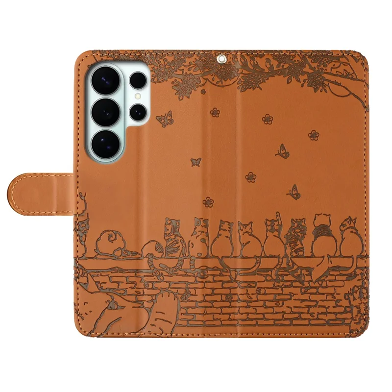 For Samsung Galaxy S26 Ultra Case with Wrist Strap Leather Phone Cover Wall Cats Pattern - Brown