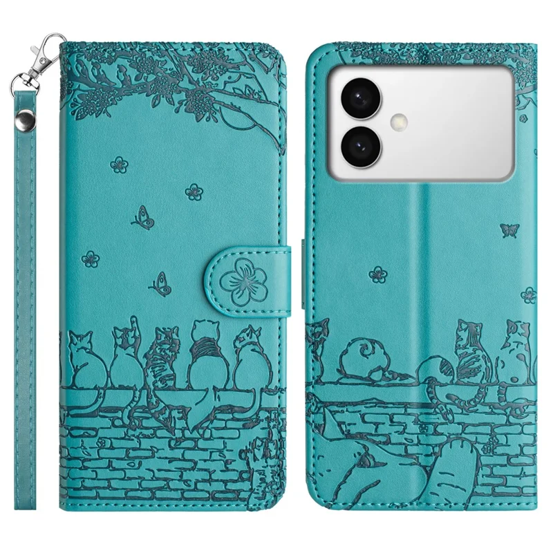 For Samsung Galaxy S26 Edge Case with Wrist Strap Leather Phone Cover Wall Cats Pattern - Blue