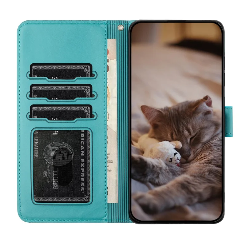 For Samsung Galaxy S26 Edge Case with Wrist Strap Leather Phone Cover Wall Cats Pattern - Blue