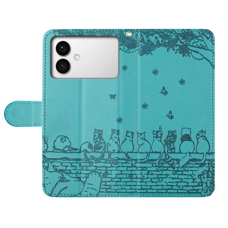 For Samsung Galaxy S26 Edge Case with Wrist Strap Leather Phone Cover Wall Cats Pattern - Blue