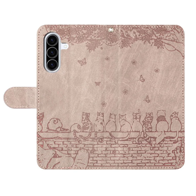 For Samsung Galaxy A57 5G Case with Wrist Strap Leather Phone Cover Wall Cats Pattern - Smoky Purple