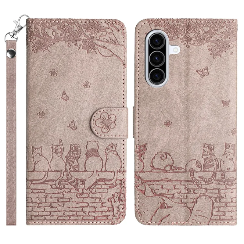 For Samsung Galaxy A37 5G Case with Wrist Strap Leather Phone Cover Wall Cats Pattern - Smoky Purple