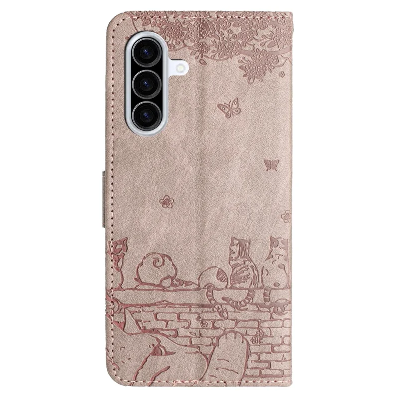 For Samsung Galaxy A37 5G Case with Wrist Strap Leather Phone Cover Wall Cats Pattern - Smoky Purple