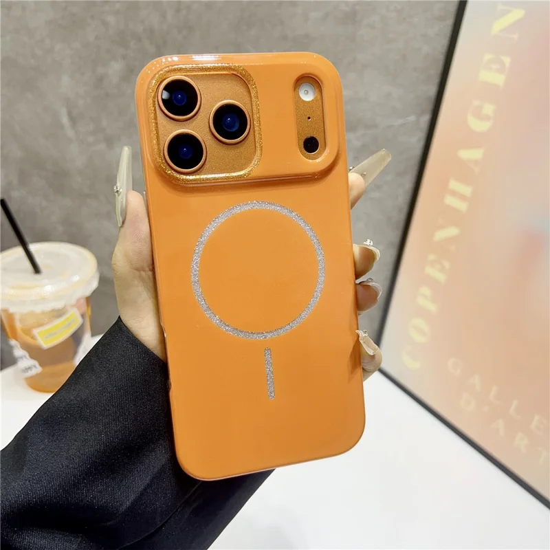 Coque pour iPhone 17 Pro compatible MagSafe avec design pailleté, housse arrière en TPU et PC - Orange