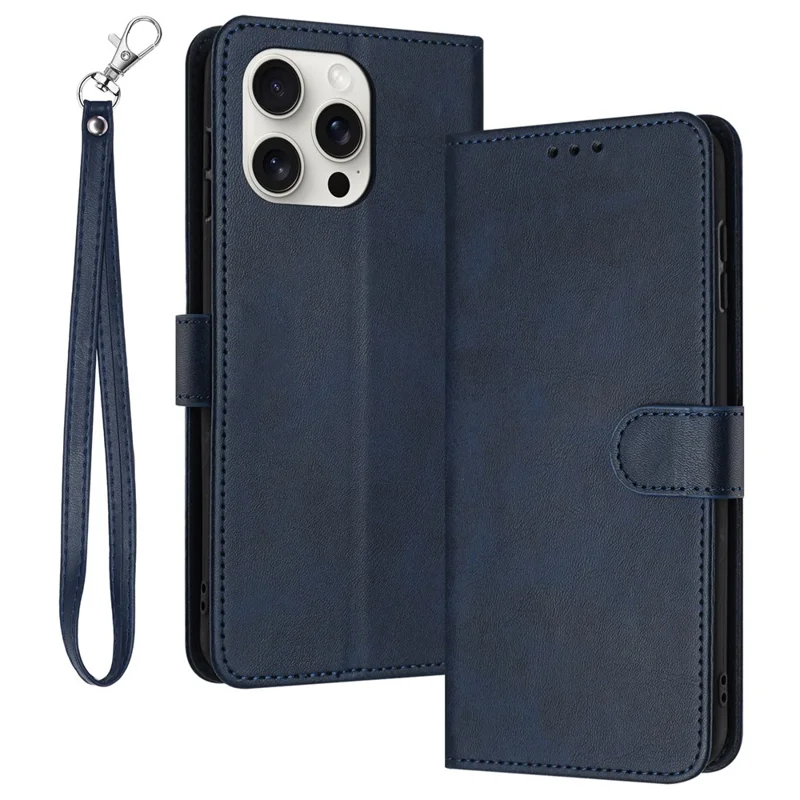 Acquisto all'ingrosso per custodia portafoglio iPhone 16 Pro, custodia pieghevole con supporto, copertura in pelle PU con texture di vitello con cinturino - Blu