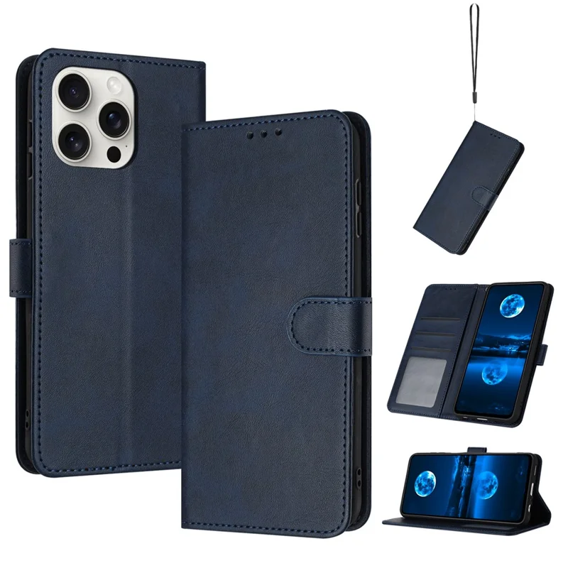 Acquisto all'ingrosso per custodia portafoglio iPhone 16 Pro, custodia pieghevole con supporto, copertura in pelle PU con texture di vitello con cinturino - Blu