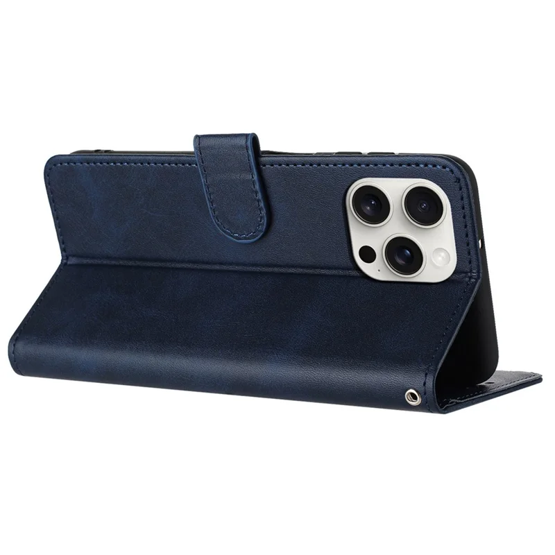 Acquisto all'ingrosso per custodia portafoglio iPhone 16 Pro, custodia pieghevole con supporto, copertura in pelle PU con texture di vitello con cinturino - Blu