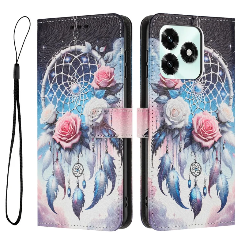 Acquisto all'ingrosso per Honor X5c 4G / X5c Plus 4G Custodia Portafoglio con Stampa a Fiori Campanelle di Vento, Cover per Telefono in Pelle PU con Laccetto