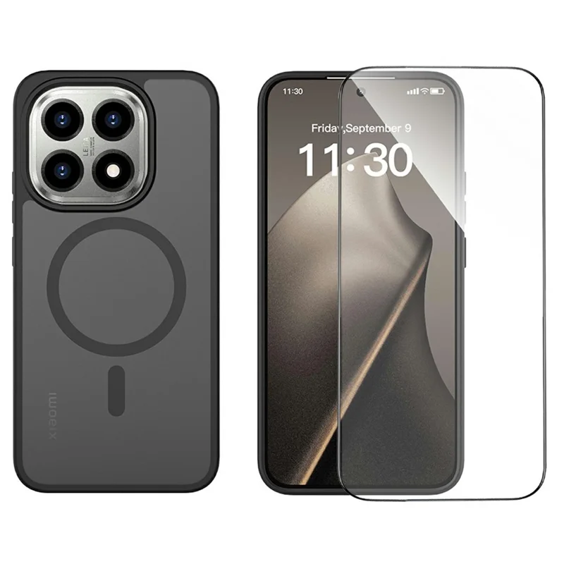 For Xiaomi 15T Magnetic Phone Case Matte Finish TPU PC Shockproof Phone Cover with Tempered Glass - Black