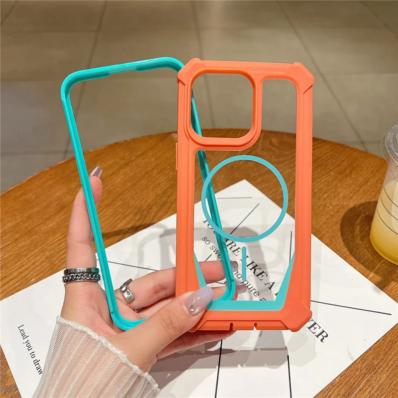 غطاء لهاتف iPhone 15 Pro متوافق مع MagSafe، تصميم ثنائي الألوان، غطاء واقي من الصدمات مع فيلم زجاج مقسّى - برتقالي / أزرق
