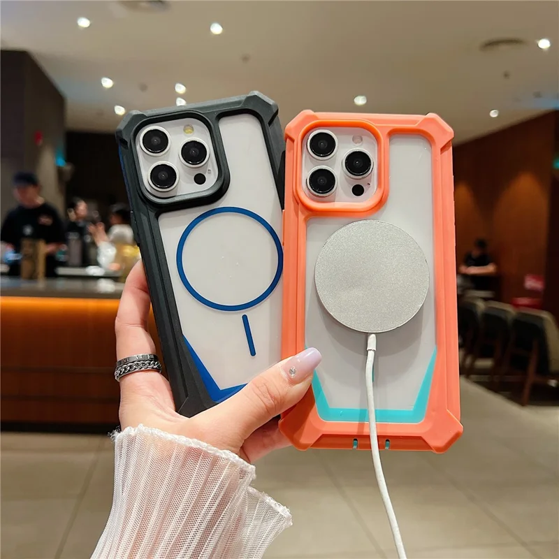 غطاء لهاتف iPhone 15 Pro متوافق مع MagSafe، تصميم ثنائي الألوان، غطاء واقي من الصدمات مع فيلم زجاج مقسّى - برتقالي / أزرق