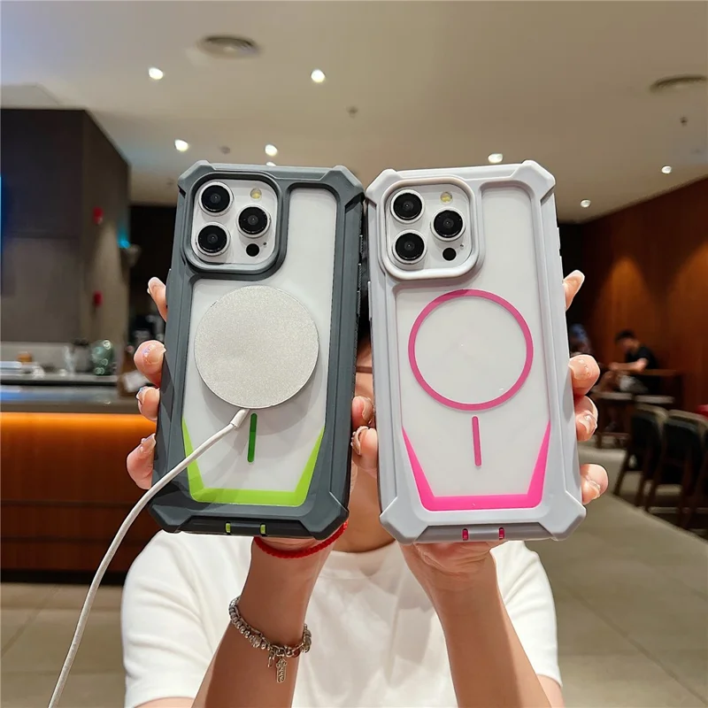 غطاء لهاتف iPhone 15 Pro متوافق مع MagSafe، تصميم ثنائي الألوان، غطاء واقي من الصدمات مع فيلم زجاج مقسّى - برتقالي / أزرق